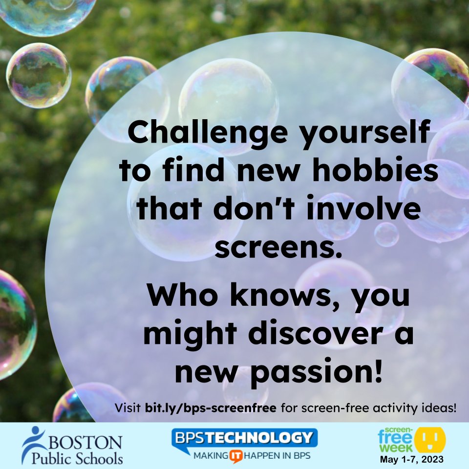 BPS Technology (@bpstechnology) on Twitter photo How is #ScreenFreeWeek going for you? Challenge yourself to find new hobbies that don’t involve screens. Who knows - you might discover a new passion! See ideas at bit.ly/bps-screenfree How is #ScreenFreeWeek going for you? Challenge yourself to find new hobbies that don’t involve screens. Who knows - you might discover a new passion! See ideas at bit.ly/bps-screenfree