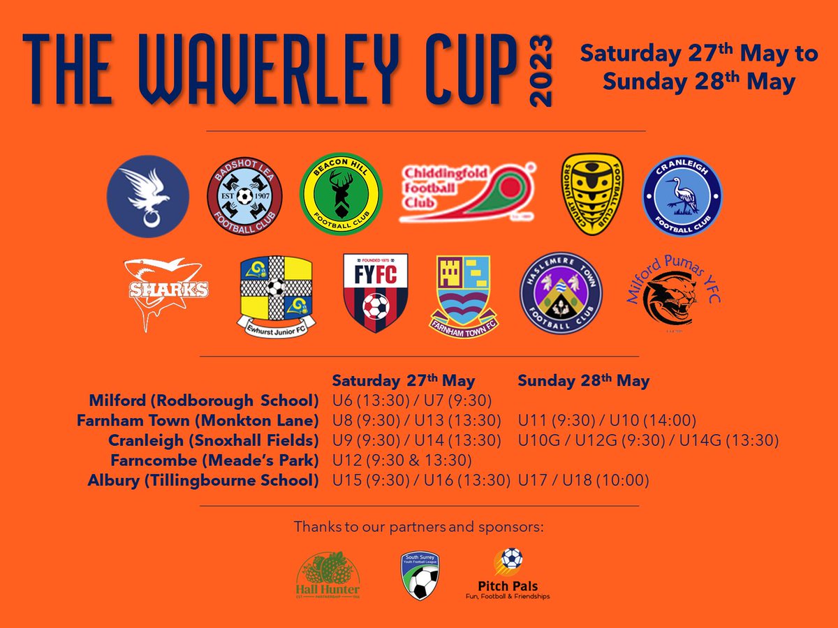 The Waverley Cup returns for its third year running.. 12 clubs competing across youth age groups over the 27th/28th <a href="/ssyfl1/">South Surrey Youth Football League</a> <a href="/ElsteadSharks/">Elstead Sharks</a> <a href="/pitchpalsuk/">Pitch Pals</a> <a href="/HHPFarming/">Hall Hunter Farming</a> <a href="/PumasYFC/">Milford Pumas YFC</a> <a href="/CranleighFC/">Cranleigh FC</a> <a href="/FarnhamTownFC/">Farnham Town FC</a> <a href="/AlburyEagles/">Albury Eagles</a> <a href="/HaslemereFC/">Haslemere Town YFC</a> <a href="/EwhurstJFC/">⚽️ Ewhurst JFC ⚽️</a> <a href="/BadshotLeaColts/">Badshot Lea Youth & Colts FC</a> <a href="/ChiddingfoldFC/">Chiddingfold FC</a>