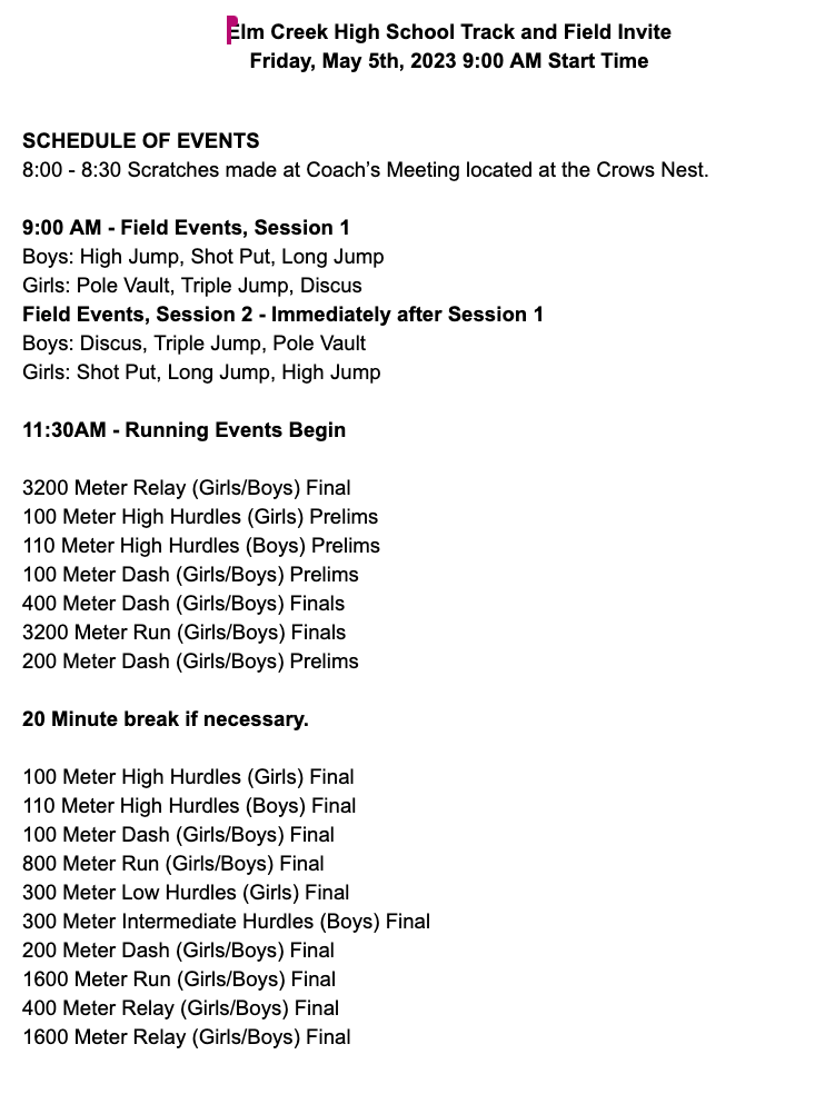 ElmCreekBuffs's tweet photo. Here is the schedule for the Elm Creek Track Invitational tomorrow starting at 9 AM. Remember this event will be at the track in Overton. Good luck Buffs!! https://t.co/6pOVQrPhIR