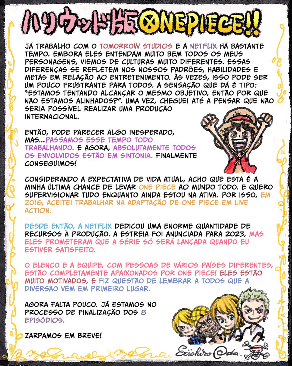 NetflixBrasil's tweet photo. Eu sei que esse é o único textão que vocês vão ler.

O criador de One Piece, Eiichiro Oda, tem algo a dizer pra todos os chapéus de palha do mundo. ❤️ 👒 https://t.co/omYpBLHawR