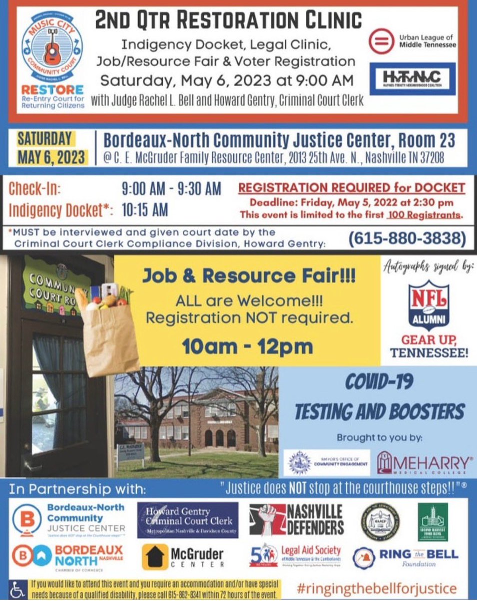 Join me, @asmith54pro @hayneswo2 & Tony Truelove this Saturday, May 6 from 10am - 12pm for autographs & pictures at the RESTORATION CLINIC, JOB & RESOURCE FAIR! Hope to see you there! @judgerachelbell @MeharryMedicalCollege @NFLAlumni #GearUpTN #NFLATennessee
