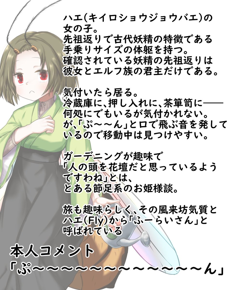 これはデフォルメキャラであるの都合でもう二度とまともに描かれないコバエ娘ちゃんの「ふーらいさん」 ※3枚目は妄想上のお話での設定です  たまたま頭の中で読んでた名前がハエ(フライ)にかかっていた奇跡の子  #蟲娘 #人外娘 #MonsterGirls