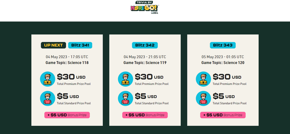 Hey Nori fam, ready for today’s Blitz games? 

Thinking caps ON everyone 🧢

Trivia theme - Science 

Play the trivia here - trivia.norigo.fun/games

Take a screenshot of your scores and tag us on Twitter 🤝

Pro tip: Wear your lucky t-shirt to enter the bonus round 😉