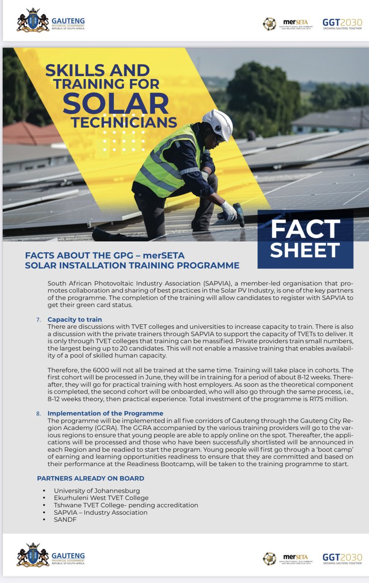 Lesufi's tweet photo. Today, we launched our ambitious programme to train 6000 young people to be accredited as Solar Panels Installation Tech. During training the trainees will receive a training allowance between R4000 and R7000 depending on qualifications. Our sincere thanks 🙏🏿 to merSETA https://t.co/bLdFhuTQll