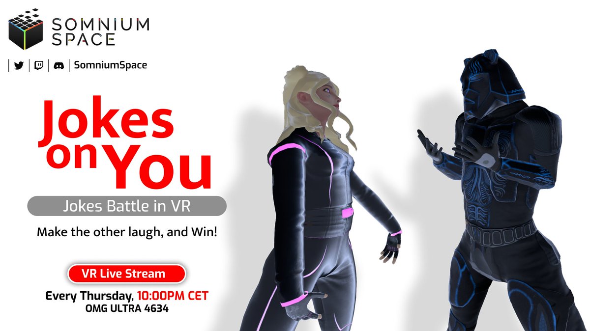 SomniumSpace's tweet photo. ‼️DO NOT miss our new WEEKLY event - 🤣🤣 JOKES on YOU 🤣🤣

Make other people laugh and win... well, oulf course win respect! 😝

In #VR, all live, no cheating allowed... maybe just a bit 🙃🫡🤭 https://t.co/4JAJhyNjKD