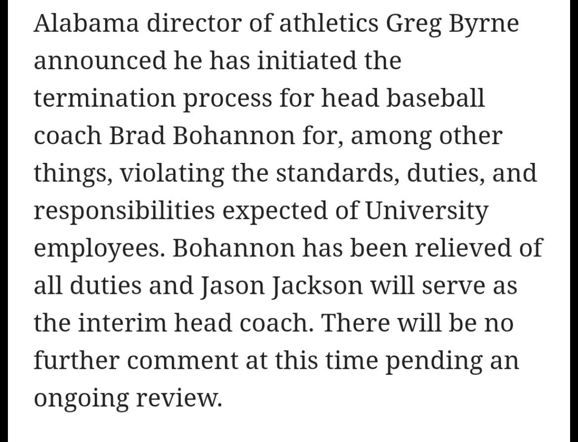 SECbaseball's tweet image. BREAKING NEWS 

Per a release, Alabama has fired Brad Bohannon for, "among other things, violating the standards, duties, and responsibilities expected of University employees.”

(h/t @BurnerGSmith)