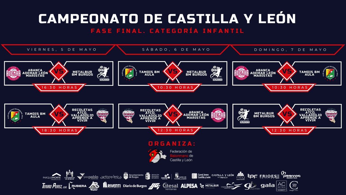 🏆 COMPETICIONES

La fase final del sector Infantil Masculino de Castilla y León se disputa, organizada por <a href="/BalonmanoBurgos/">Club Balonmano Burgos</a>, en Burgos

🆚 rfebm.com/competiciones/…

📊 rfebm.com/competiciones/…

📺 youtube.com/playlist?list=…

#⃣ #CyLesBalonmano