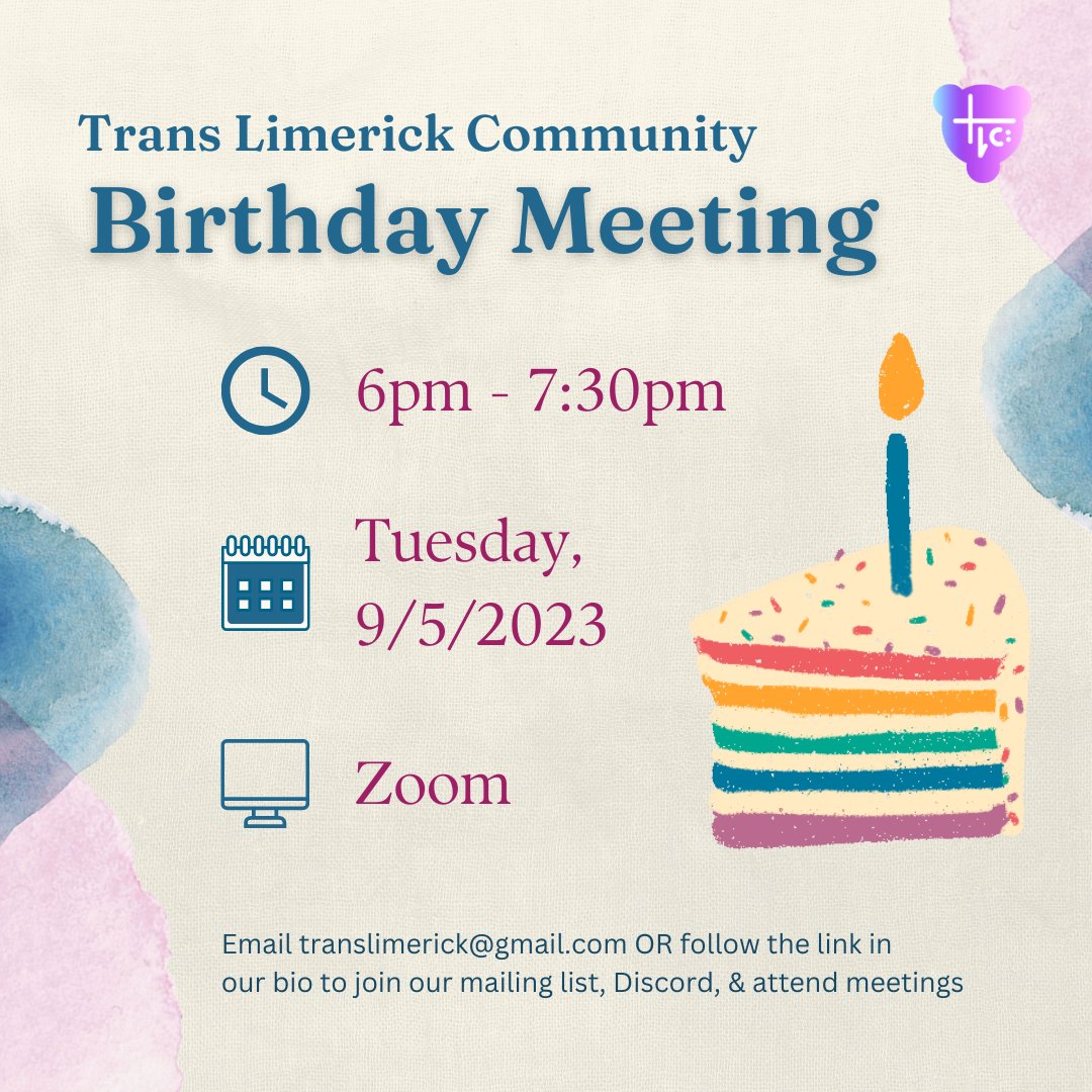 Trans Limerick will be 2 years old next Thursday! 🎂🏳️‍⚧️⚧️ Join us on Zoom to celebrate on Tuesday the 9th of May from 6pm to 7:30pm Email translimerick@gmail.com OR follow the link in our bio #trans #lgbt #transgender #ireland #limerick #irish #munster #nonbinary