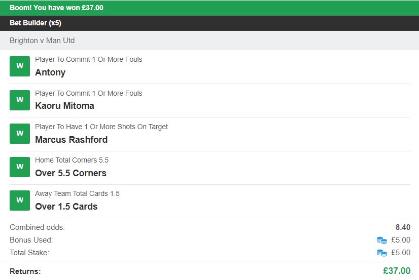BadManBetting's tweet photo. ✅ MY BET BUILDER IS A WINNER!  

Get in there. I also fat fingered my free bet with £4 instead of £5 😂

Happy bloody days.

Like ❤️ if you backed it and send in your slips! https://t.co/apVx4AlwdA