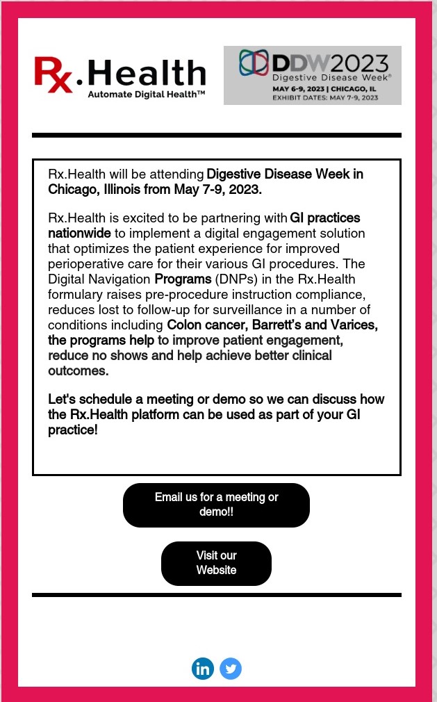 Rx.Health (@rx_health) on Twitter photo Rx.Health will be at <a href="/DDWMeeting/">Digestive Disease Week</a> May 7-9!!Ā We will be available to discuss ourĀ GI Automated Care Coordination Platform!
<a href="/rstrobridge/">Rick Strobridge</a> <a href="/Sarthakkakkar10/">Sarthak kakkar</a>
#DDW2023 #digitalhealth #automatedcare Rx.Health will be at <a href="/DDWMeeting/">Digestive Disease Week</a> May 7-9!!Ā We will be available to discuss ourĀ GI Automated Care Coordination Platform!
<a href="/rstrobridge/">Rick Strobridge</a> <a href="/Sarthakkakkar10/">Sarthak kakkar</a>
#DDW2023 #digitalhealth #automatedcare