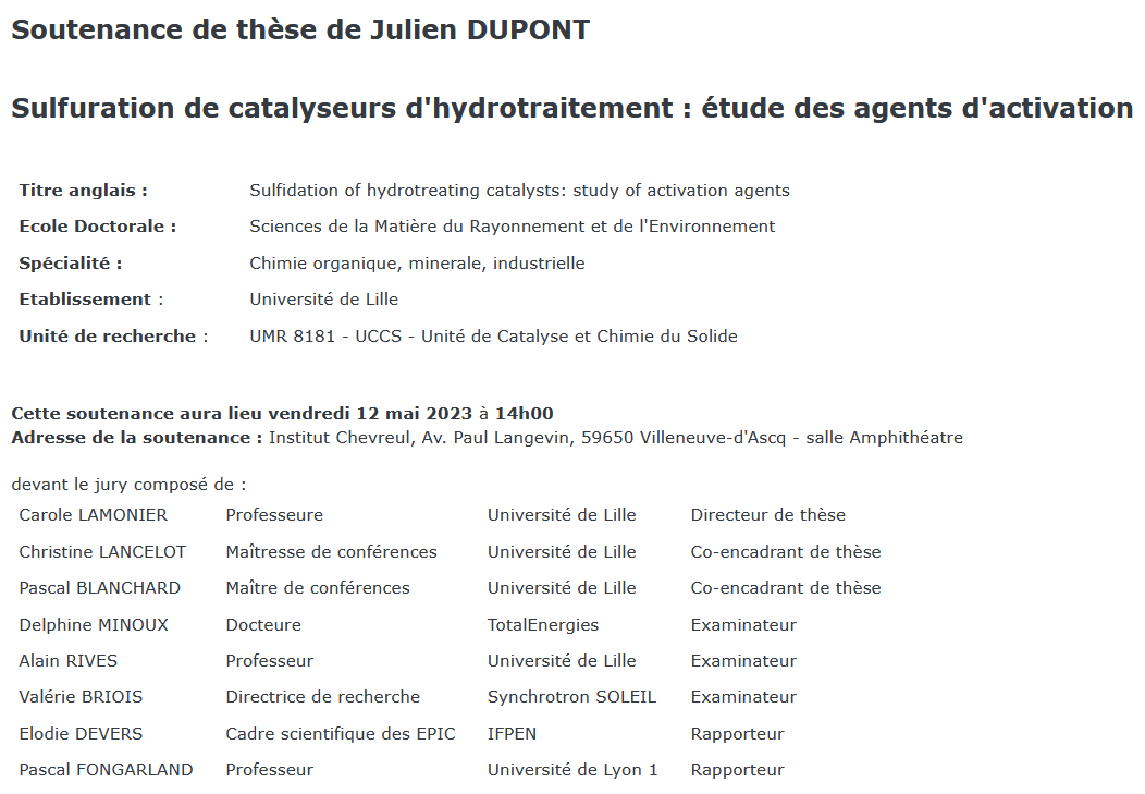 🎓Julien DUPONT
📆12 mai 2023🕰️14h
🗺️Institut Chevreul, Av. Paul Langevin, Villeneuve-d'Ascq - Amphithéâtre
🪧Sulfuration de #catalyseurs d'#hydrotraitement : étude des agents d'activation