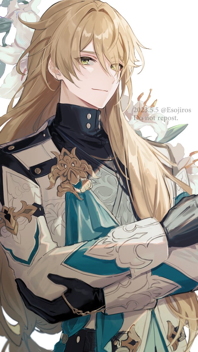 1boy male focus long hair gloves solo green eyes blonde hair  illustration images