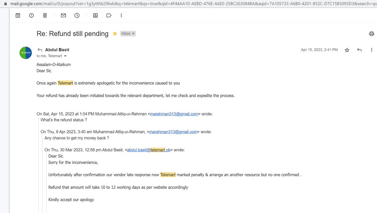 marehman786's tweet photo. Dear sir @FIAcybercrime @DCLahore 

I have been a victim of Cyber Fraud by @teIemartstores. A bank payment of Rs. 154K was made to buy a mobile. Almost 2 months are passed  but neither mobile is received nor any refund.

Please guide how to recover my payment.  
#Cyberfraud https://t.co/l1mcwN8oSb