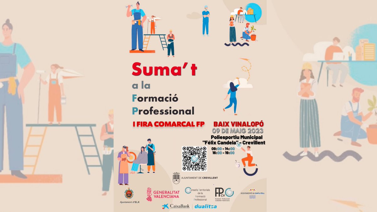 👷👩‍🏭 Crevillent acogerá el próximo martes, 9 de mayo de 2023, la I Feria educativa y comarcal de Formación Profesional del Baix Vinalopó, en horario de 09:00 a 14:00 y de 16:00 a 19:00, en el polideportivo municipal “Félix Candela” de Crevillent.
#Formacion #FP #Feria #educacion