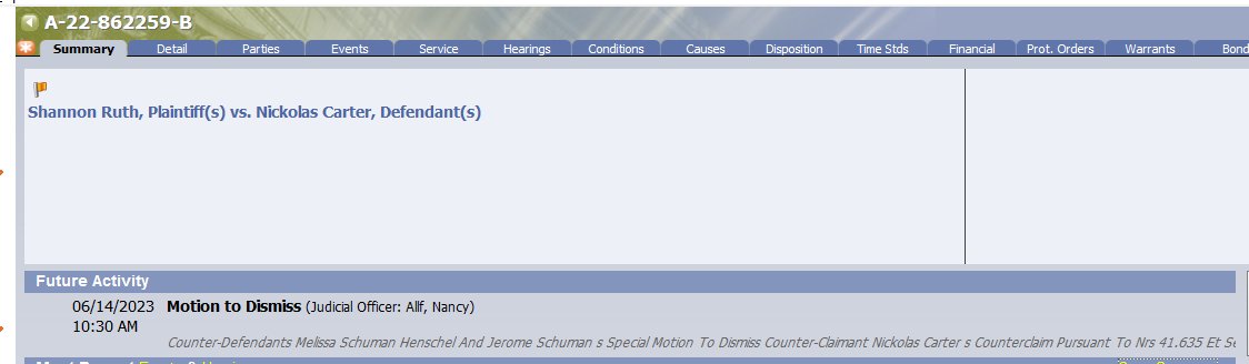 Nv8thC's tweet photo. In Shannon Ruth vs. Nick Carter a Motion to Dismiss hearing is set for 6/14 10:30a before Judge Nancy Allf. https://t.co/cC8HVvtzAQ