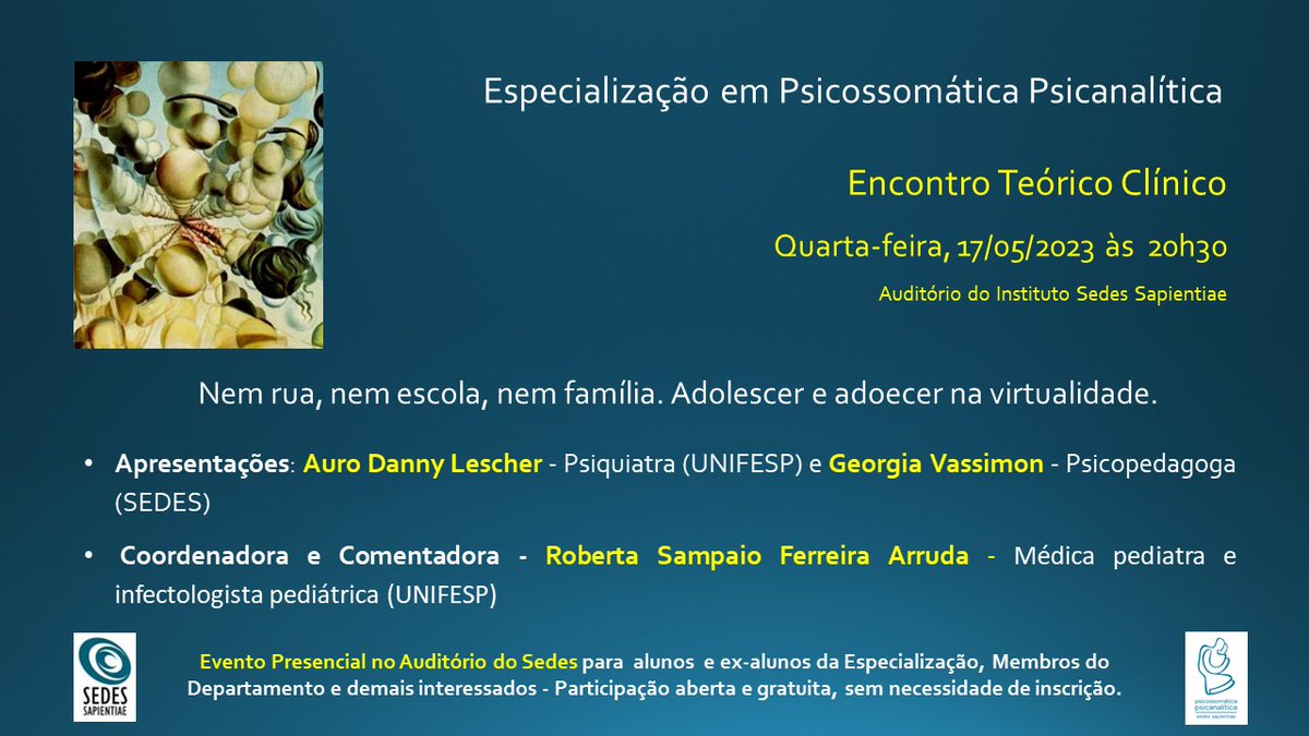 clinicaceaap's tweet photo. A Especialização em Psicossomática Psicanalítica – Corpo e clínica Contemporânea do Sedes convida para o Encontro Teórico Clínico - “Nem rua, nem escola, nem família. Adolescer e adoecer na virtualidade.”
17/05/23
20h30
Auditório do Sedes - Rua Ministro Godói, 1484 - Perdizes-SP https://t.co/lGJ1HoxXdE
