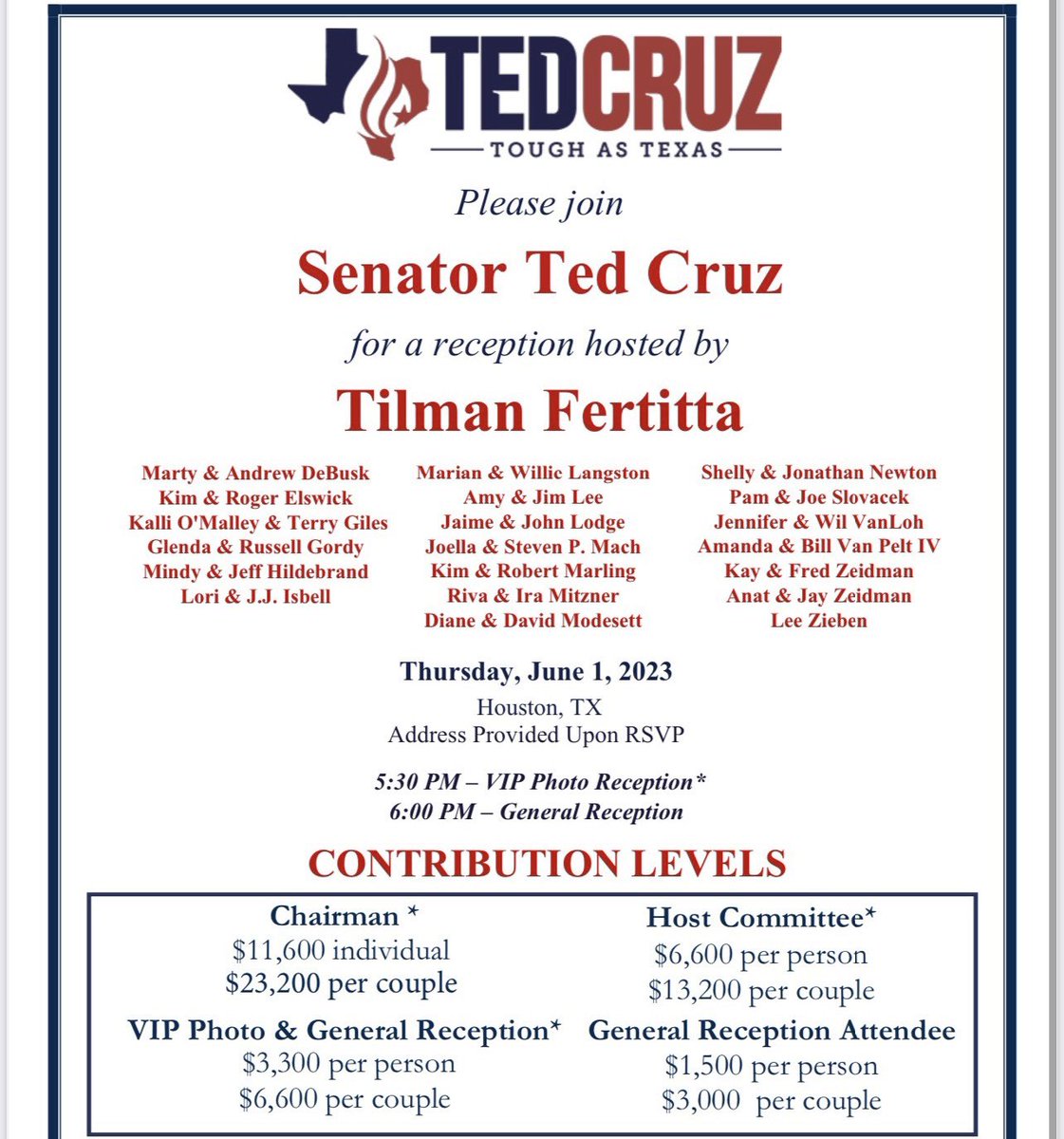 's tweet image. .@TilmanJFertitta is hosting a fundraiser for @TedCruz on June 1 in Houston, per an invite. A bunch of other big Houston business names have signed on: