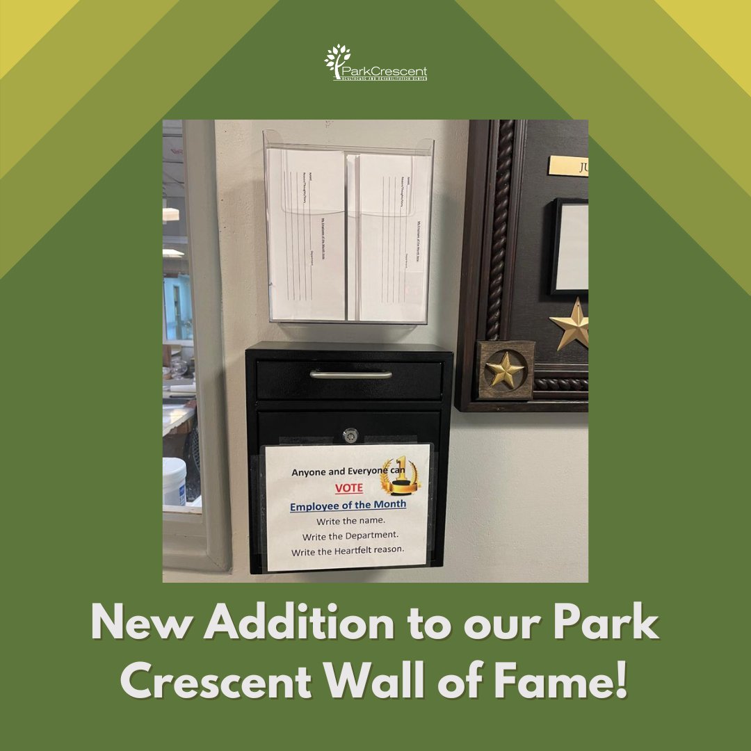 Our PCHC Employee of the Month Wall of Fame got a new addition! #EmployeeoftheMonth #staffappreciation #suggestionbox #walloffame #newadditions #seniorliving #PCHC #ParkCrescent