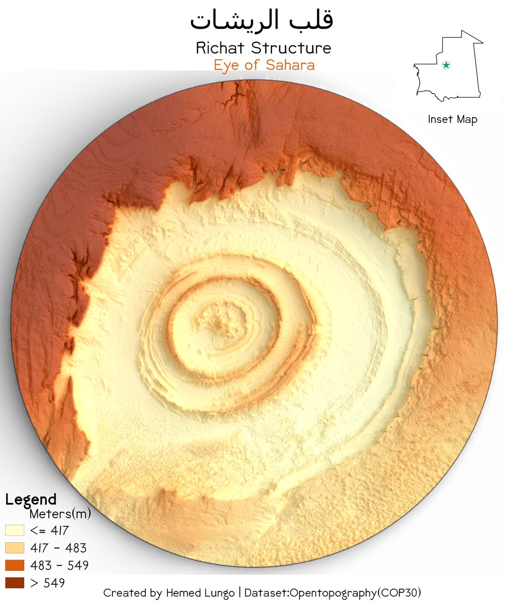 A Map 🗺️Showing Richat Structure/Eye of Sahara👁️🏜️(قلب الريشات)Adrar Plateau, Mauritania🇲🇷 One of Geological Heritage site Dataset from @OpenTopography #Mauritania #Africa #heritagesite #gischat #geospatial #blender #b3d #dataviz #Datavisualization
