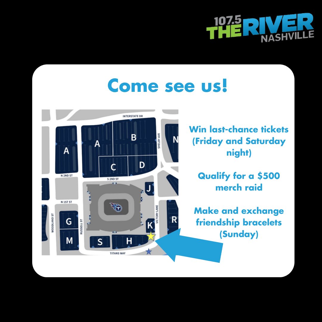 1075theriver's tweet photo. Here’s everything to know before you go to @NissanStadium this weekend for @taylorswift13!! 💜

And yes, that includes last-chance tickets and even free merch 😘 https://t.co/H514rceTGd