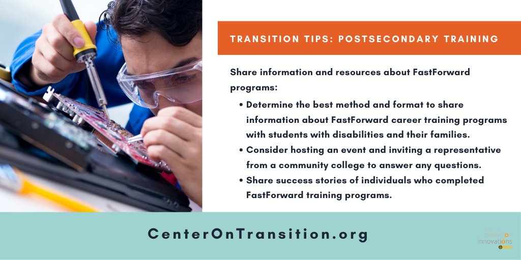 VCU_CTI's tweet photo. This week's #TransitionTip on the theme of #PostsecondaryTraining is to share information and resources about FastForward programs.

To learn more about FastForward career training programs, check out the resource we posted earlier this week! https://t.co/VyWmC8YcEr