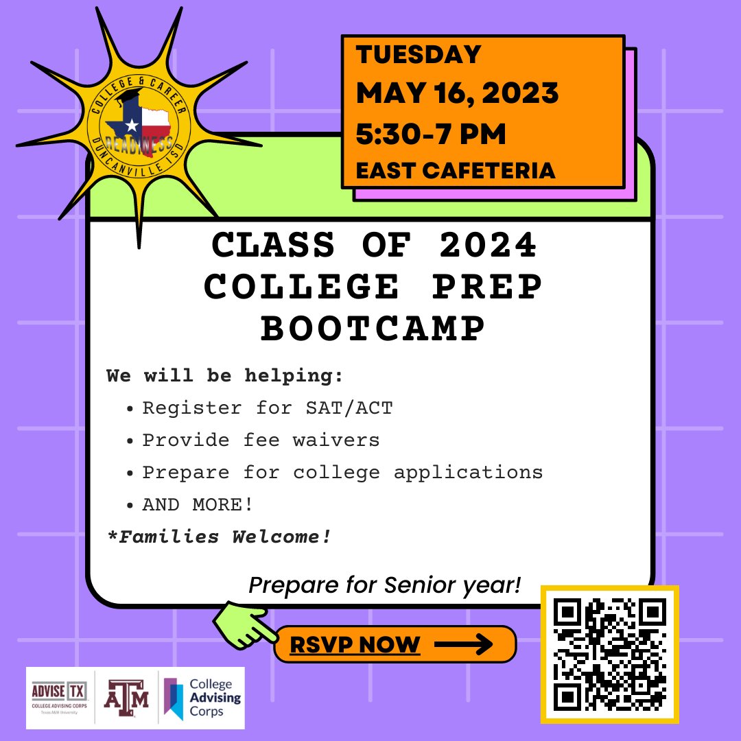 DvilleGoCenter's tweet photo. CALLING ALL JUNIORS! Prepare for Senior year and get ahead of the game! Join us at our College Prep Bootcamp. RSVP here: https://t.co/THVpgqaILa https://t.co/M9HmzDX0cr