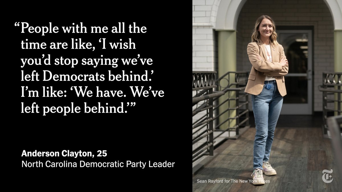nytimes's tweet image. At 25, Anderson Clayton is currently the youngest state party leader. She took over the North Carolina Democratic Party with goals to reconnect with rural voters and engage the younger generation. nyti.ms/42mzJzw