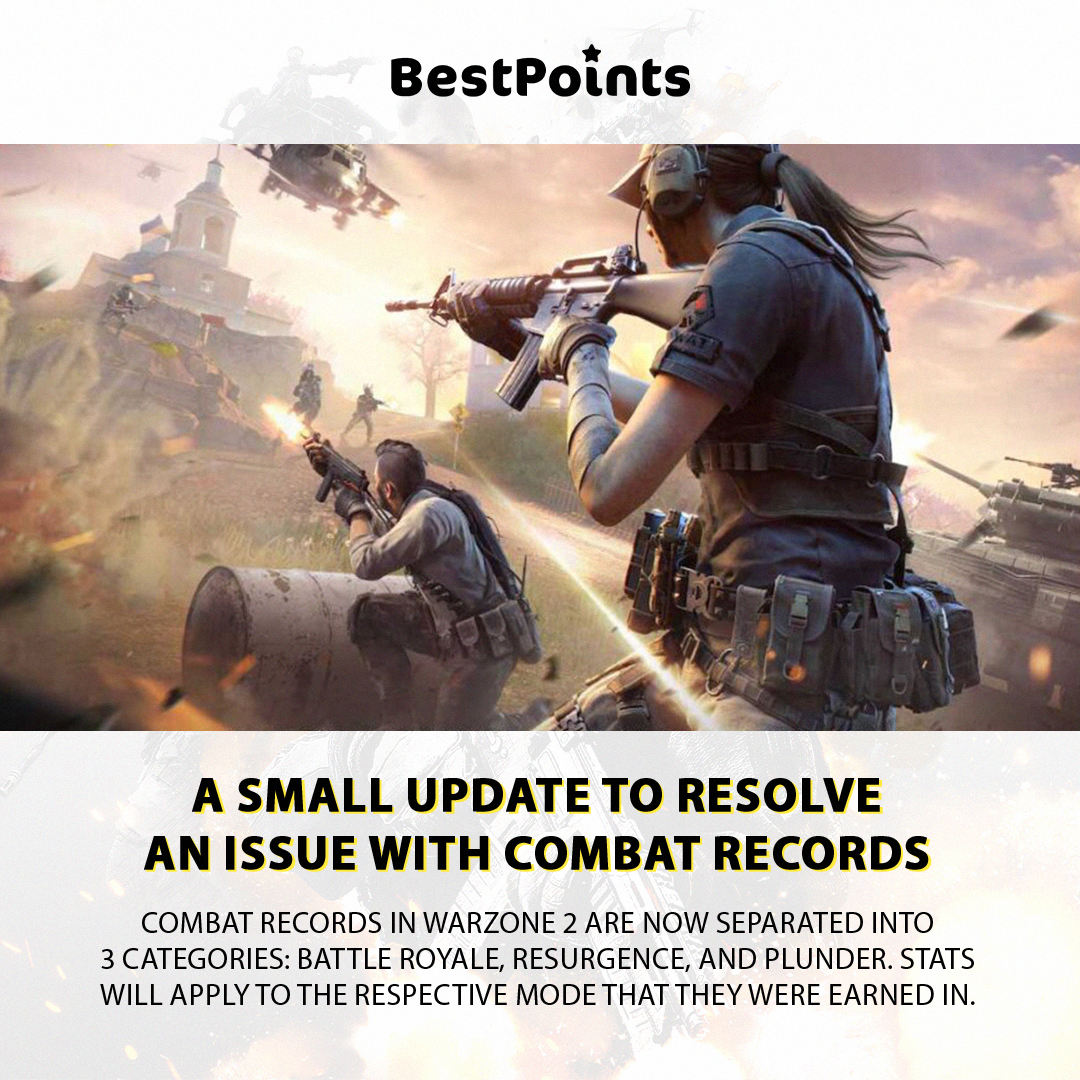 bestpointscd's tweet photo. A small UPDATE. 🛠️ Combat Records in Warzone 2 are now separated into 3 categories: Battle Royale, Resurgence and Plunder. Stats will apply to the respective mode that they were earned in. 🙌🏽

#bestpoints #CallOfDuty #combatrecords #warzone2 #gaming #freegiftcards #bestpointsapp https://t.co/5yXGFOdx2w