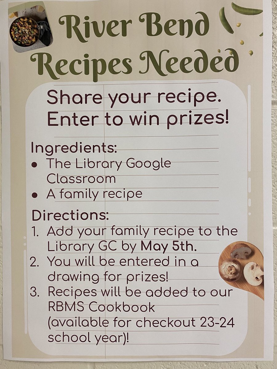 RBMS students: Tomorrow is the last day to turn in your family recipe for our River Bend Recipes Cookbook!  ⁦<a href="/River_Bend_MS/">River Bend Middle School</a>⁩