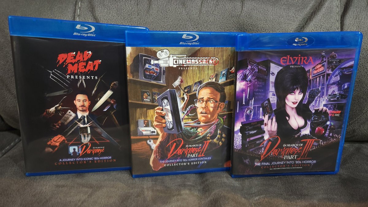 I got my #InSearchOfDarkness vol. III by @80sHorrorDoc in the mail. 
My favorite part is having 3 of my all-time favorite horror hosts featured on the covers (and in exclusive content), including @deadmeatjames (Vol. I), @cinemassacre (Vol. II) and @TheRealElvira (Vol. III)