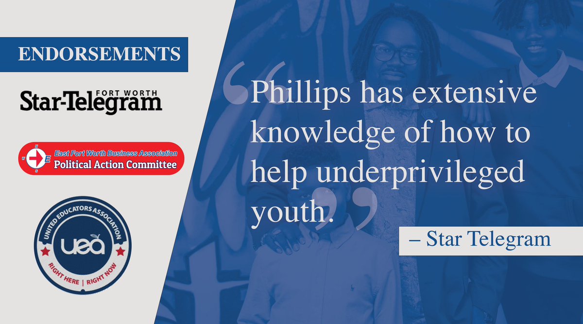 I’m honored to have received endorsements from The Fort Worth Star-Telegram Editorial Board, The East Fort Worth Business Association Political Action Committee, and The United Educators Association (UEA). 

Vote for Quinton “Q” Phillips for FWISD Trustee 

Election Day: May 6