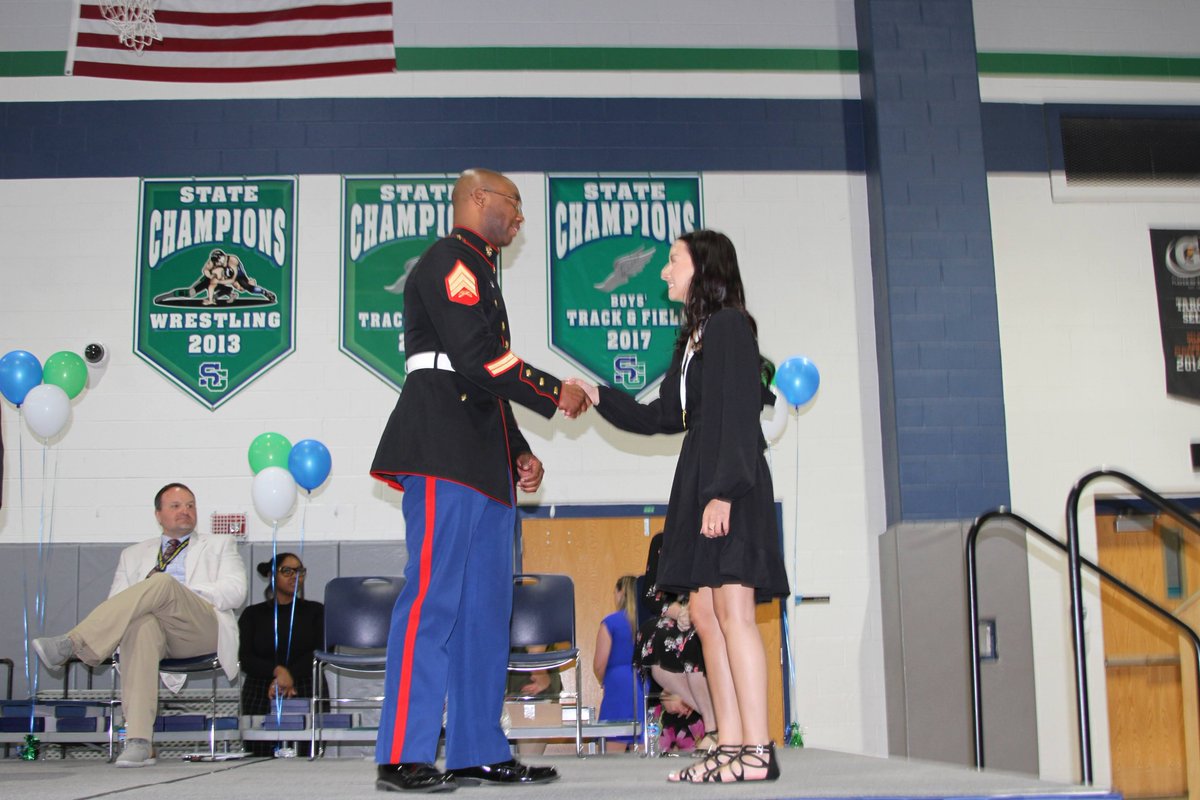 HawksSG's tweet image. Thank you to Sergeant Quennell Overton for coming to present the US Marine Corps Scholastic Excellence Award to Madison Fenimore &amp;amp; the Distinguished Athlete Awards to Jaden West &amp;amp; Morgan Coombs. #SGClassOf2023