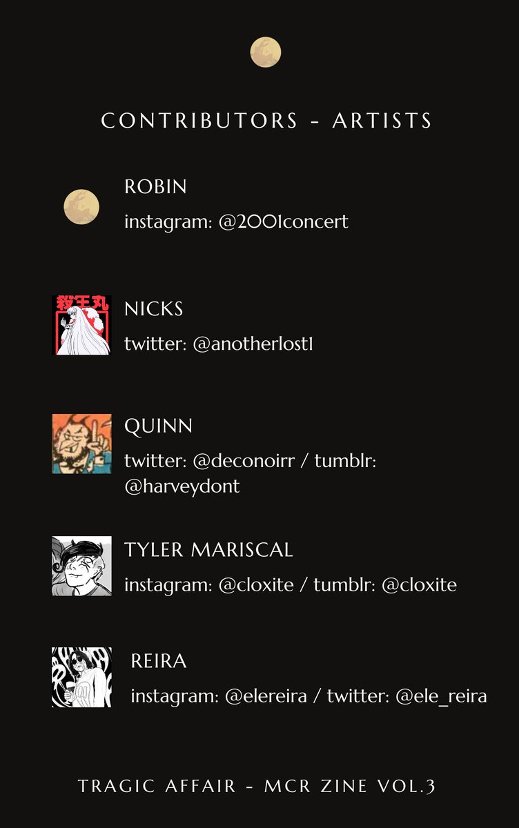 Introducing our artists! Say hello to the wonderful people that made something visual for the zine!!! 1/2 #mcr #zine