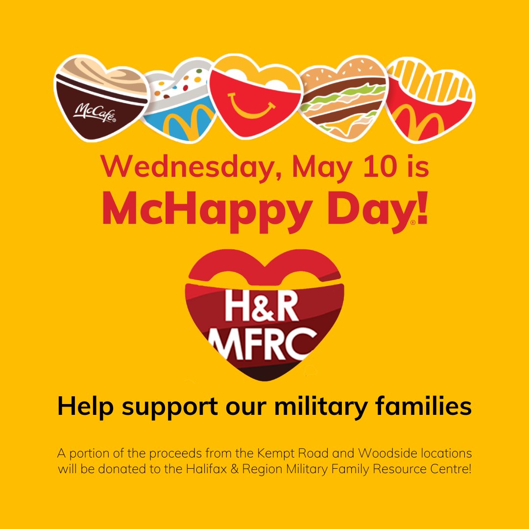 HRMFRC's tweet photo. #McHappyDay is back on Wednesday, May 10! This is McDonald’s biggest and longest-standing fundraising event. The H&R MFRC is one of the charities that will receive proceeds from this day at two of the Angus G. Foods Inc. locations. @CFBHalifax #12Wing https://t.co/2JFyN7iIw0