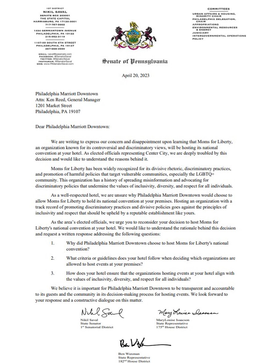 BREAKING!
State Senator Nikil Saval asks Marriott: why are you hosting a hate conference? mailchi.mp/fdbef794e2e0/b…