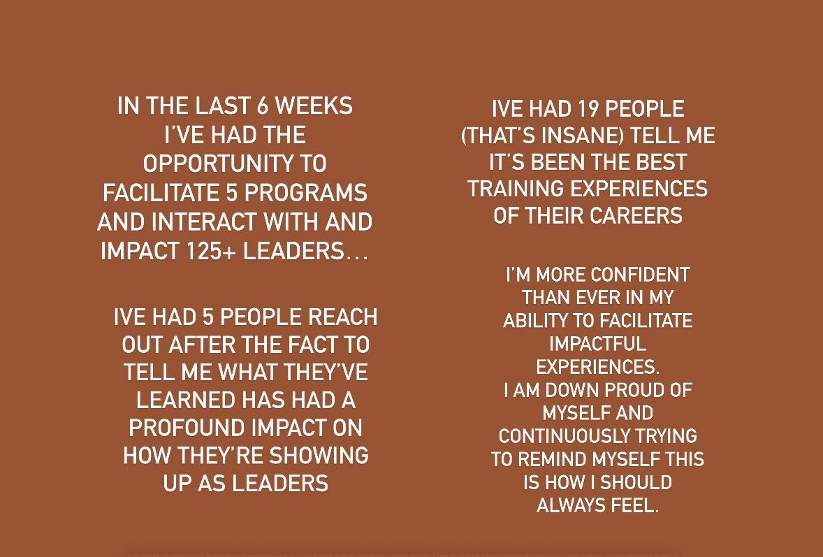 I have been trying to remind myself that feeling proud is good. It doesn’t diminish the impact. If I took time to be more proud of my skills snd ability to impact others and allowed myself to celebrate it more my sustained confidence will help me live my purpose more fully.