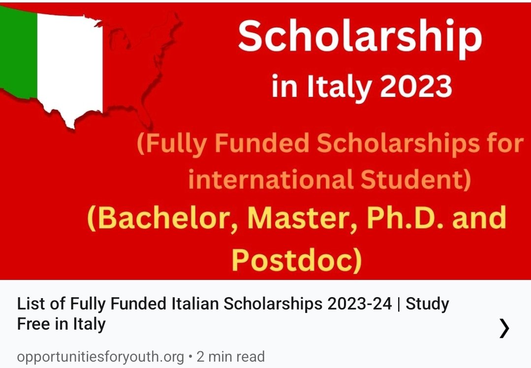 opportunitiesfy's tweet photo. Please #share
List of Fully Funded Italian Scholarships 2023-24 | Study Free in Italy

Link https://t.co/VNtzqijebw

#FullyFunded #Scholarship #InternationalStudents  #InternationalScholarships #Italy #BSinItaly #MastersinItaly #PhDinItaly  #studyinItaly #bachelorsdegree https://t.co/zCTNqcQsEE