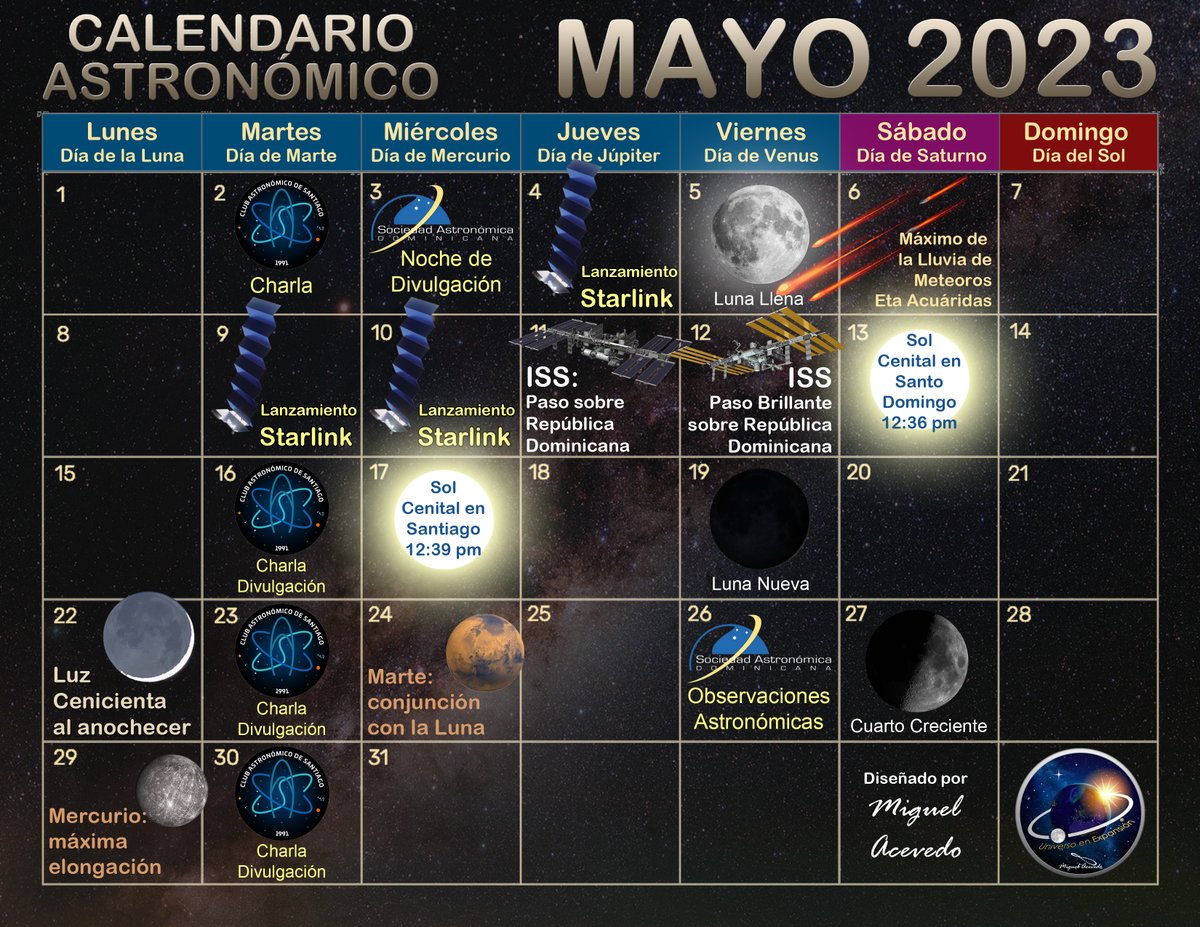 m_acv2's tweet photo. #Calendario Astronómico Mayo 2023 para #RepublicaDominicana 

#Luna #planeta #solcenital #meteoros #marte #Starlink #iss #mercurio #sol 
@astrodom1 https://t.co/qtY8VubM2O