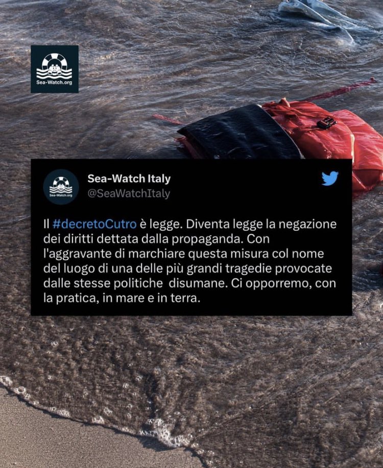 giorgialinardi's tweet photo. Un altro giorno di lutto nel Mediterraneo:
Il #DLCutro diventa legge (seppure a rischio di incostituzionalità).
Chiamare questa legge in ricordo di una tragedia senza trattarne le cause infanga la memoria delle vittime del mare, calpestando i diritti delle persone migranti. https://t.co/rGeUfJ9SIa
