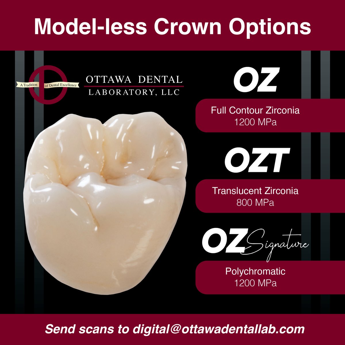 OttawaDentalLab's tweet photo. Enjoy the cost efficiency, faster processes, and improved patient experience of going model-less! Did you know we offer 3 model-less crown options? 👀
🦷 Model-less OZ (Full Contour Zirconia)
🦷 Model-less OZT (Translucent Zirconia)
🦷 Model-less OZ Signature (Polychromatic) https://t.co/mQN268GImr