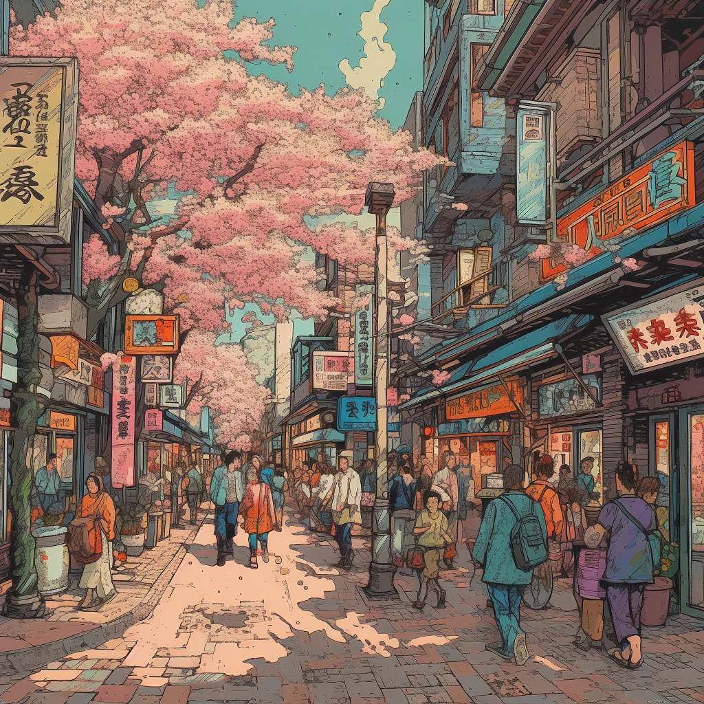 promptizo's tweet photo. A lively Tokyo street scene, showcasing the mix  of traditional and modern architecture, pedestrians, and cherry blossoms  in bloom, acrylic painting, drawing inspiration from the Ukiyo-e style  of Japanese art and incorporating elements of contemporary urban life, https://t.co/ftblQwEoQL