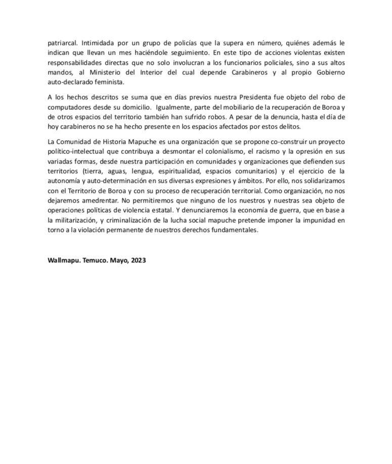CHMapuche's tweet photo. Declaración Pública de la Comunidad de Historia Mapuche: Ante el hostigamiento policial de nuestra Presidenta, Jakelin Curaqueo Mariano. 

#Wallmapu #Persecusiónpolítica #hostigamiento #Chile #PueblosIndígenas #Colonialismo https://t.co/utPxF6U8So