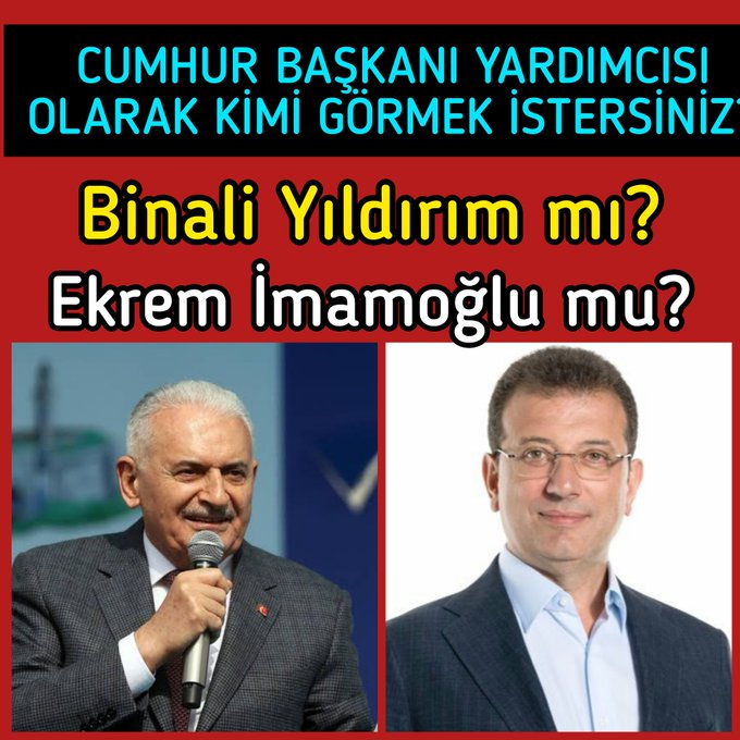 TC_MKemal's tweet photo. Cumhurbaşkanı Yardımcısı olarak Binali Yıldırım 'ı mı?
Ekrem İmamoğlu'nu mu görmek istersiniz?

İmamoğlu diyenler lütfen RT .
Bakalım kaç kişiyiz. https://t.co/QSEUZNghCO