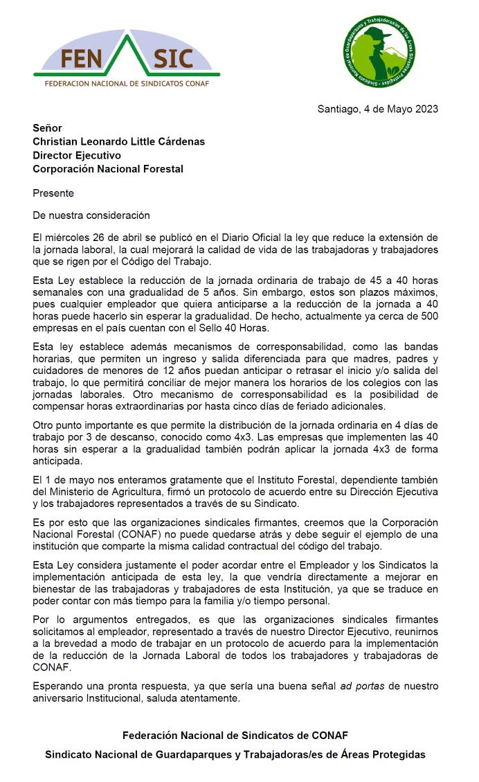 SGuardaparques's tweet photo. Carta conjunta entre @FENASIC_Conaf y @SGuardaparques a Director Ejecutivo de @conaf_minagri para trabajo conjunto en protocolo de acuerdo para implementacion de reducción jornada laboral para tod@s l@s trabajadores de #CONAF
#40horasley
@MinagriCL
@GobiernodeChile https://t.co/XEewiWJURG