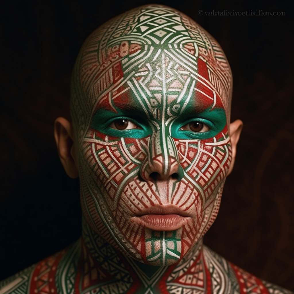 promptizo's tweet photo. a man with face and neck adorned in “Emerald  Green and Crimson and Pearl” geometric pattern seamlessly following  facial structure, photorealistic face design, Emerald lips, pattern-free  zone around lips, skin above eyelids without geometric pattern, https://t.co/Bw6f7WwxJD