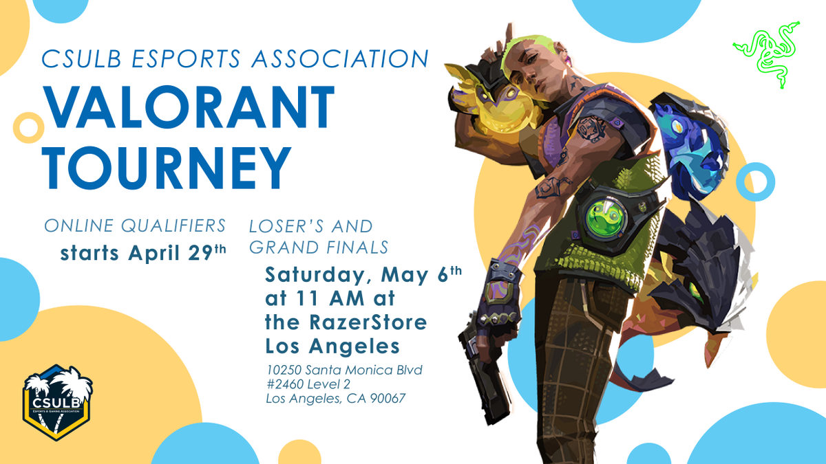 RazerStore's tweet photo. 🔥 Don't miss the battle for glory in the CSULB Esports Valorant tournament on 5/6 at RazerStore Los Angeles! 🎮🏆 Witness epic battles as the teams compete for some sweet @RazerGoldNA and other Razer goods. 🌟⚡ #CSULBValorantTournament #Esports https://t.co/3sxoskZ6hQ