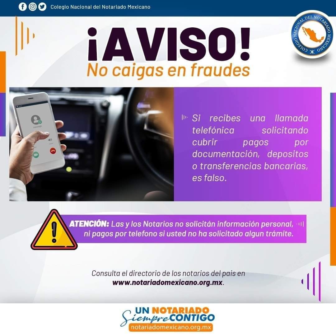 notariadomex's tweet photo. ¡Recuerda estar alerta ante intentos de fraude!
Si te llaman haciéndose pasar por colaboradores de alguna notaría y te piden hacer pagos, no caigas en su estafa. Por eso, te recomendamos comunicarte directamente con el Notario o con la persona directamente encargada de tu trámite https://t.co/huLaOPRwtJ