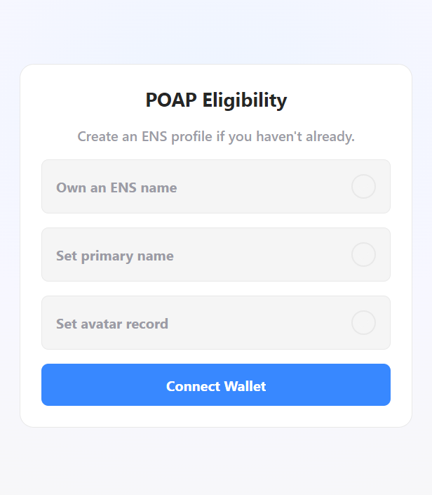 เคลม ENS Anniversary POAP จาก <a href="/ensdomains/">ens.eth</a> 
👉 anniversary.ens.domains
เคลมได้ถึงสิ้นเดือน พ.ค.
.
ต้องผ่าน 3 เงื่อนไข
- Own an ENS name
- Set primary name
- Set avatar record