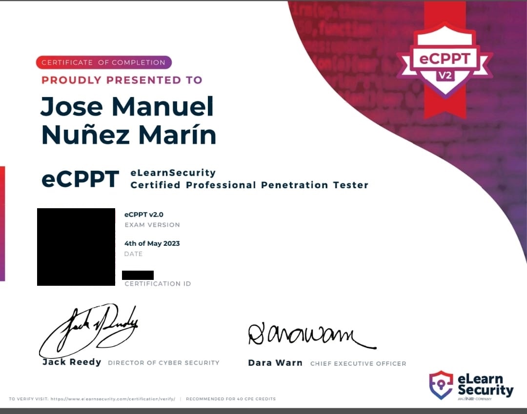 elhackeretico's tweet image. ¡¡¡¡Ya está conmigo!!!! Mi #eCPPTv2 de @eLearnSecurity
