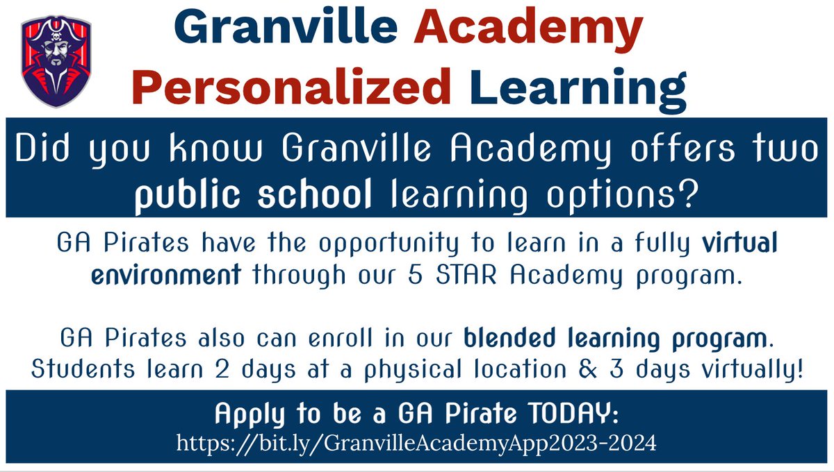 GranAcademyNC's tweet photo. 📣 Did you know Granville Academy offers two public school learning options? 📣
#GAPirates have the opportunity to learn in a fully virtual environment or in a blended learning program!
Apply today: https://t.co/ftfMJrUIyt
#GranvilleAcademy #5STARAcademy https://t.co/bH7LvxXU19